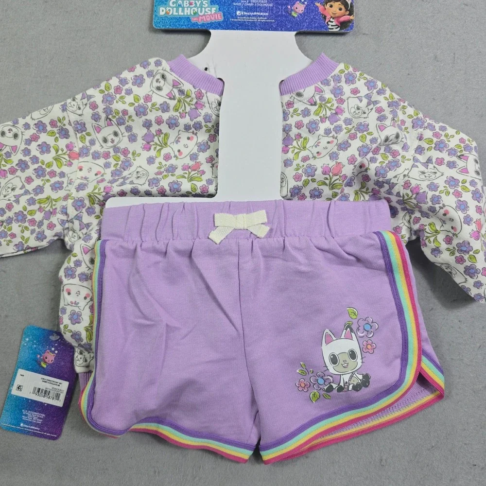 Gabby's Dollhouse Sweat Short Set Kids 18M Purple Floral Pandy Paws 2pc Outfit